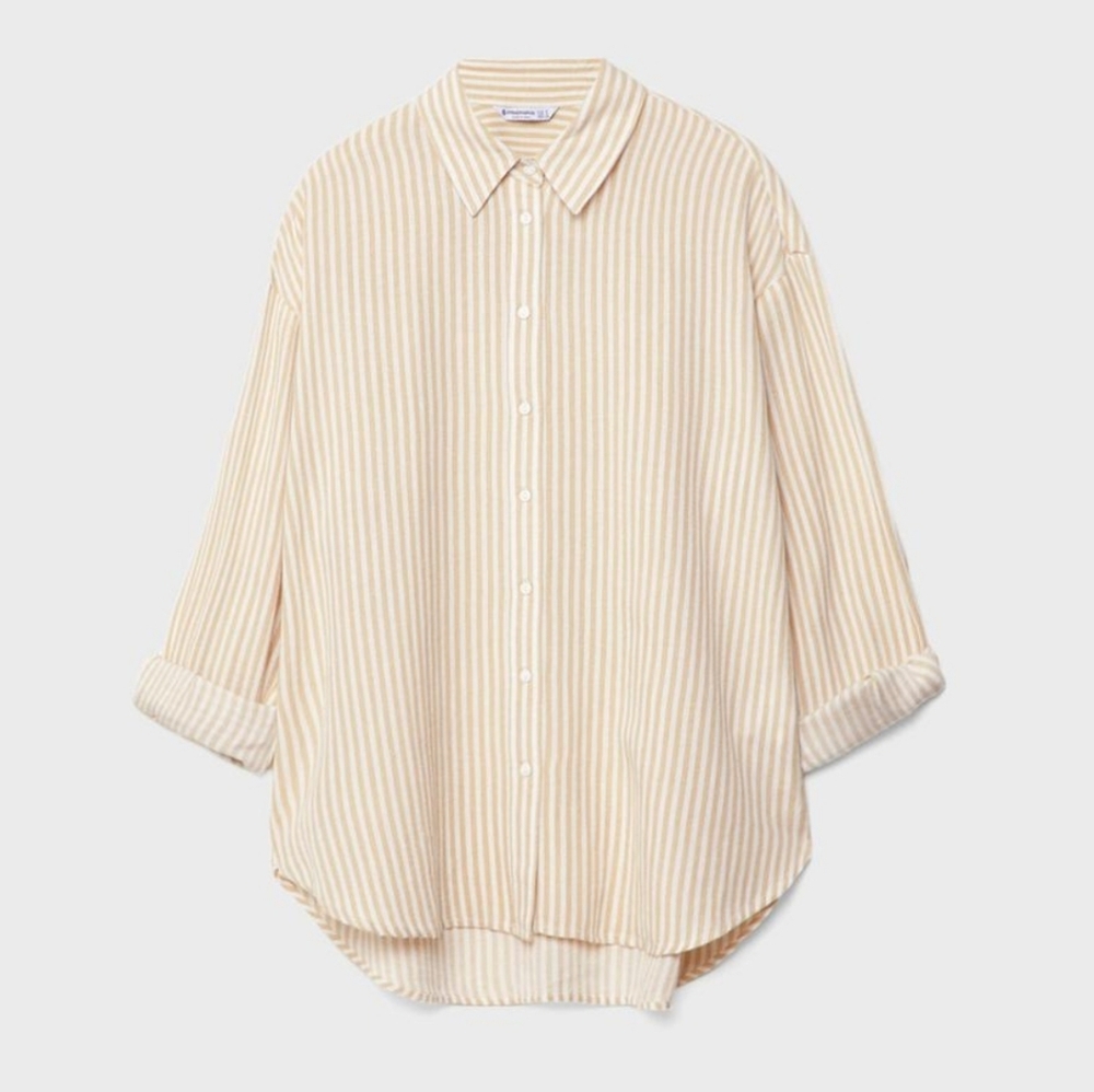 STRADIVARIUS striped Beige and White Linen Blend Button-down Shirt XS